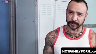 HotFamilyPorn.com - Tattooed hunk barefucks pervy stepson after deepthroat blowjob se
